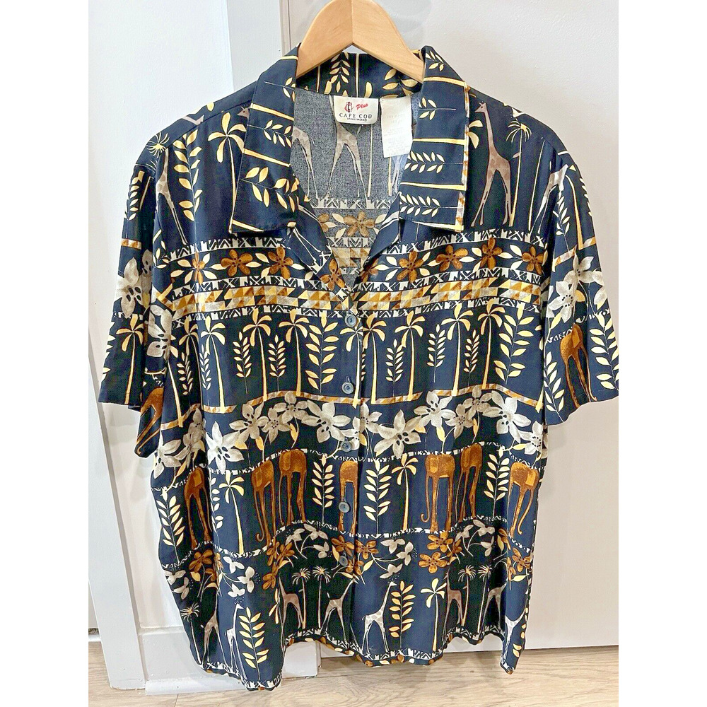 Mens Black Giraffe Hawaiian cape cod Shirt 3X, tall Half sleeves VTG grunge